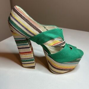 🔥Women's Fahrenheit green denim block color open toe stiletto heels size 7